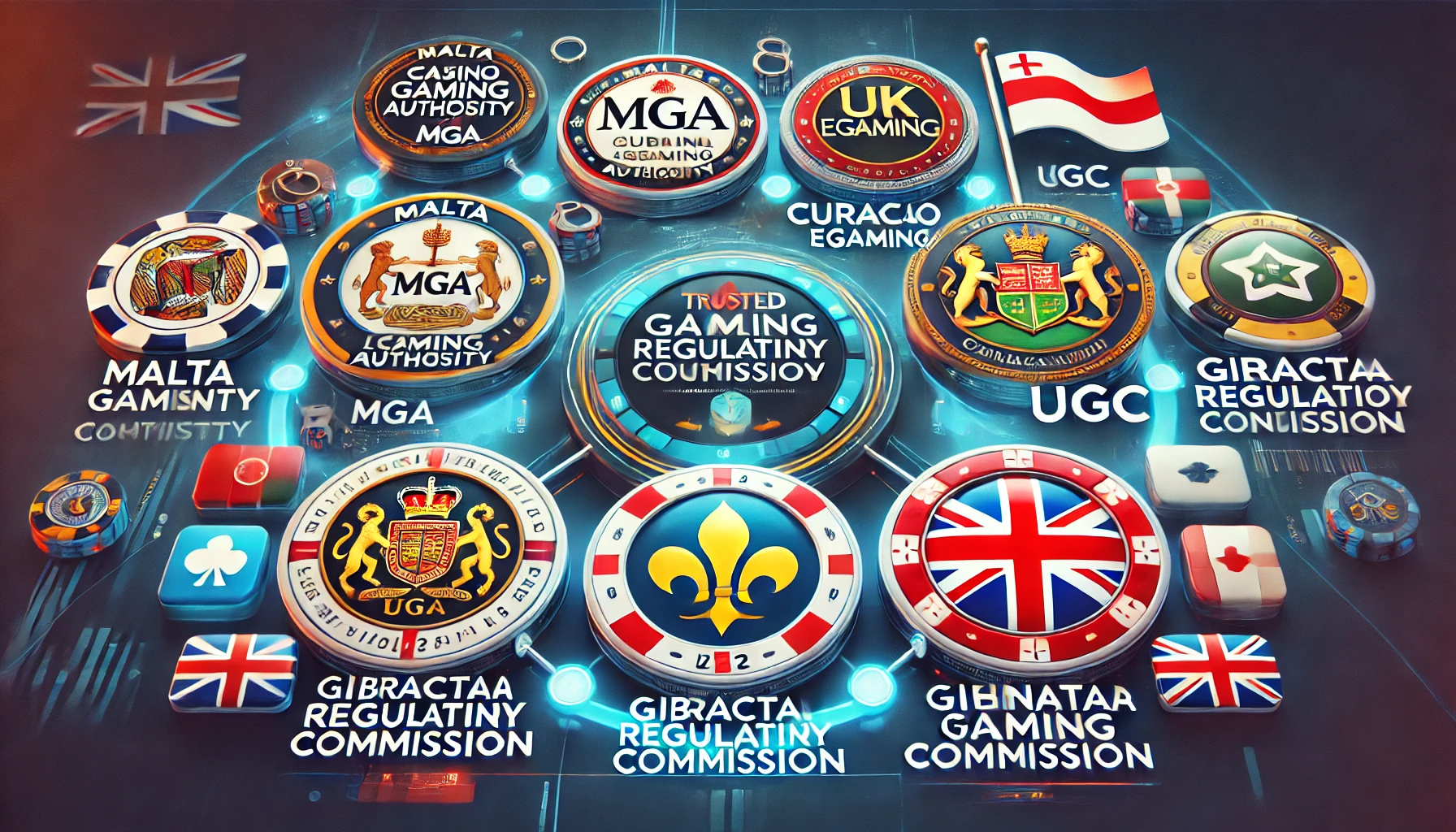 주요 카지노 라이센스 기관인 MGA, UKGC, Curacao eGaming, Gibraltar Regulatory Authority, Kahnawake Gaming Commission을 상징적으로 표현한 인포그래픽 이미지